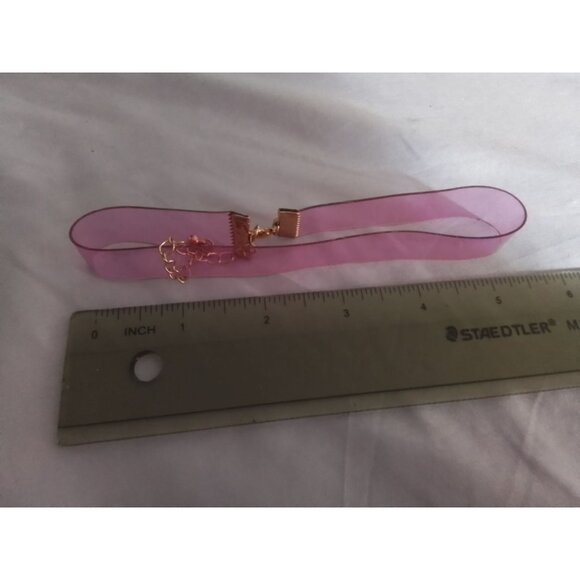 Pink Sheer Ribbon Choker Necklace Gold Tone Adjustable Chain Elegant Lightweight - Picture 2 of 2